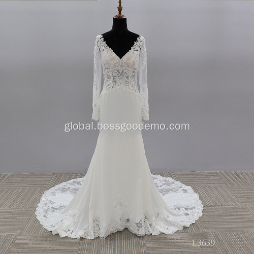 Ungrouped Luxury Long Sleeve Mermaid Pearls Beaded Saudi Arabia Bridal mermaid deep v wedding dresses with sleeves Supplier